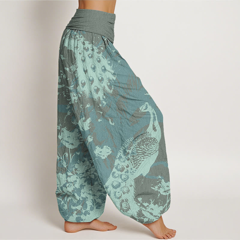 Buddha Stones Casual Peacock Grassland Women's Elastic Waist Harem Pants