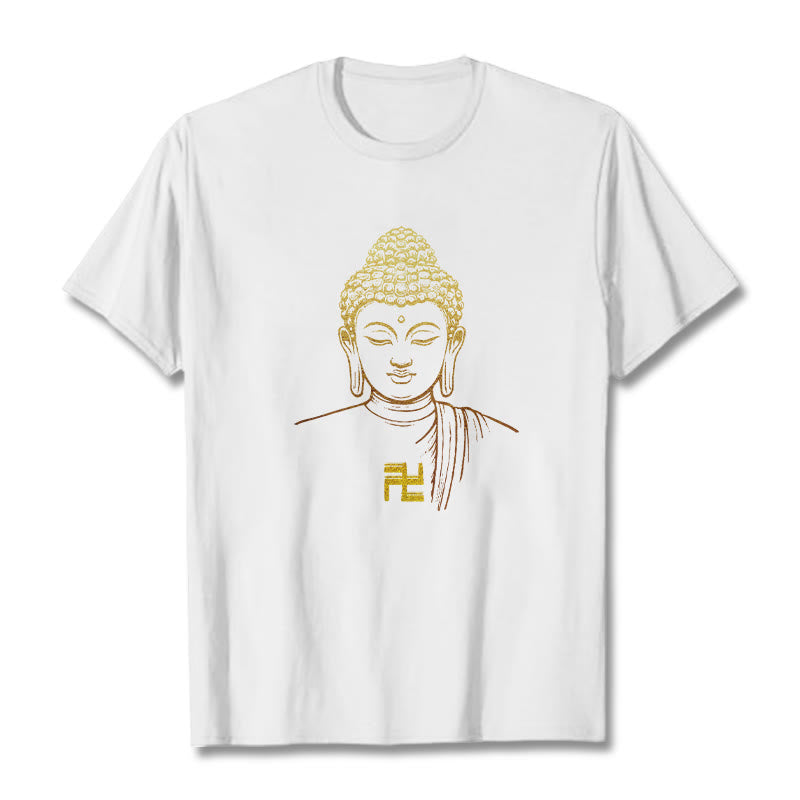 Buddha Stones Swastika Pattern Golden Buddha Cotton Tee T-shirt - White - 2XL - image 1