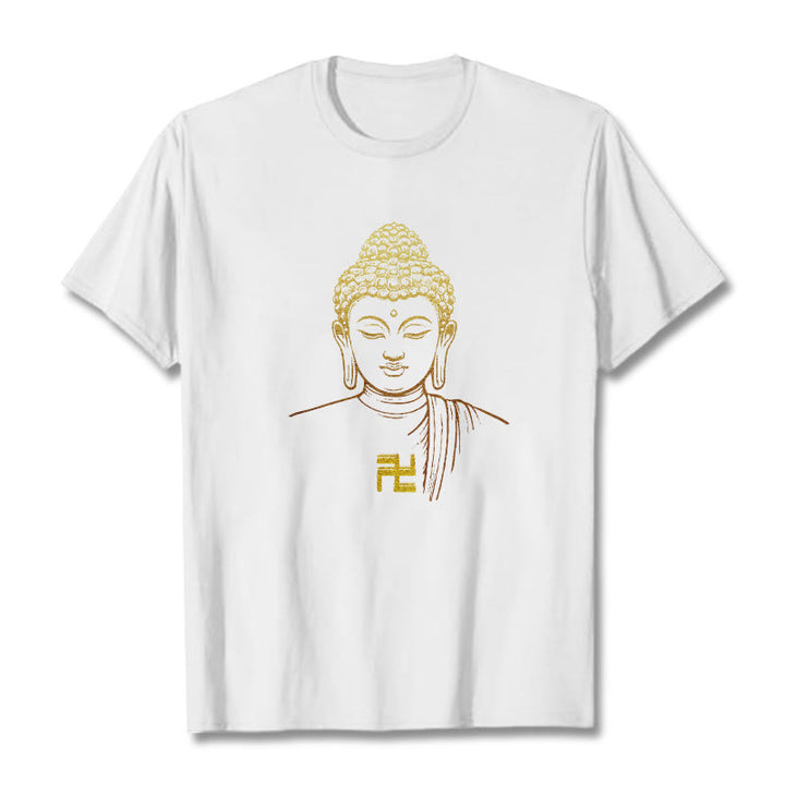 Buddha Stones Swastika Pattern Golden Buddha Cotton Tee T-shirt - White - 2XL - image 1