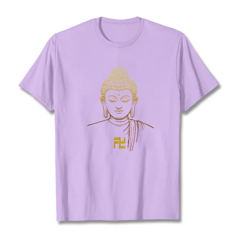 Buddha Stones Swastika Pattern Golden Buddha Cotton Tee T-shirt - Plum - 2XL - image 15