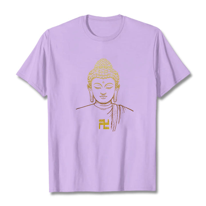 Buddha Stones Swastika Pattern Golden Buddha Cotton Tee T-shirt - Plum - 2XL - image 15