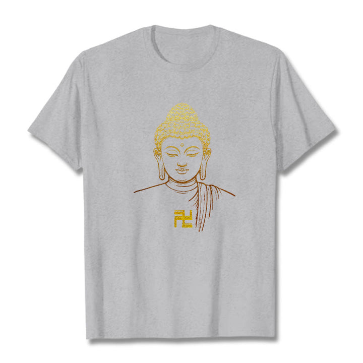Buddha Stones Swastika Pattern Golden Buddha Cotton Tee T-shirt - LightGrey - 2XL - image 18