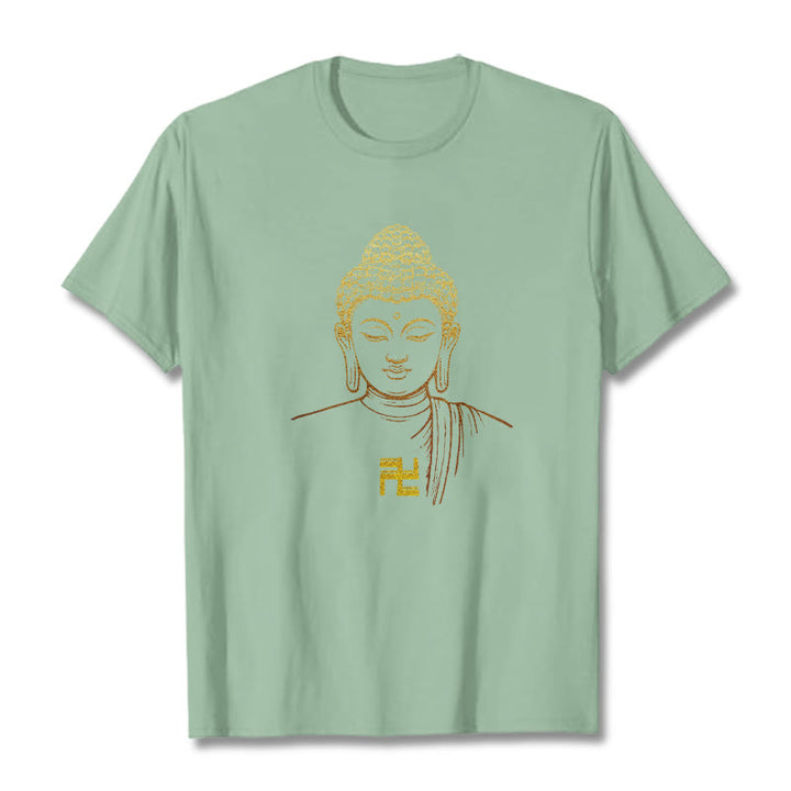 Buddha Stones Swastika Pattern Golden Buddha Cotton Tee T-shirt - PaleGreen - 2XL - image 13