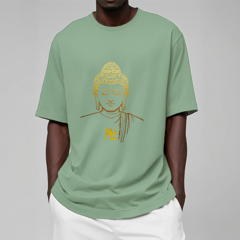 Buddha Stones Swastika Pattern Golden Buddha Cotton Tee T-shirt