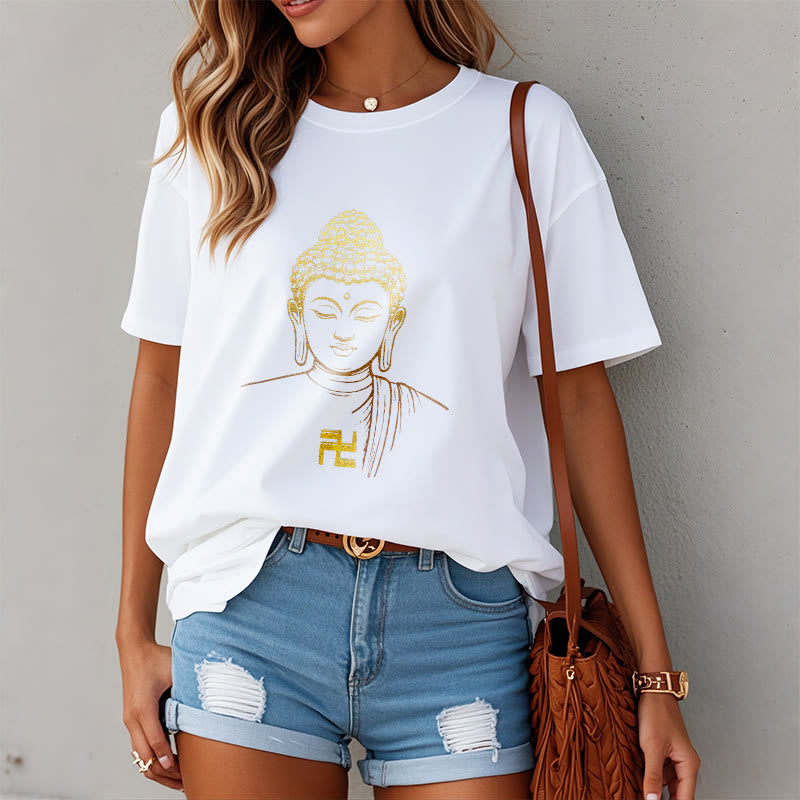 Buddha Stones Swastika Pattern Golden Buddha Cotton Tee T-shirt - image 2