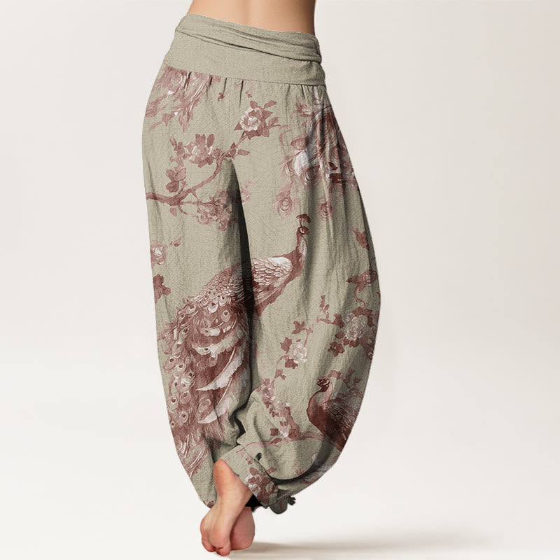 Buddha Stones Casual Peacock Perched On Branch Petals Women's Elastic Waist Harem Pants