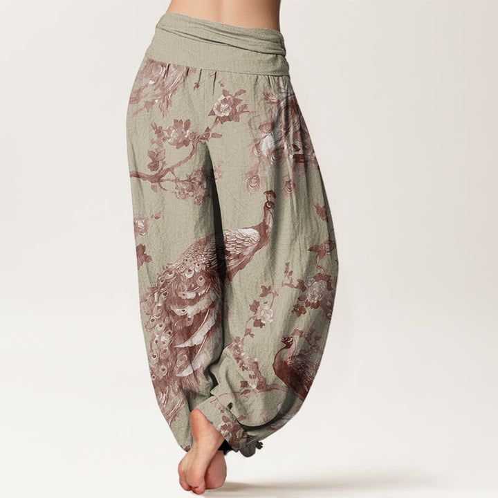 Buddha Stones Casual Peacock Perched On Branch Petals Women's Elastic Waist Harem Pants