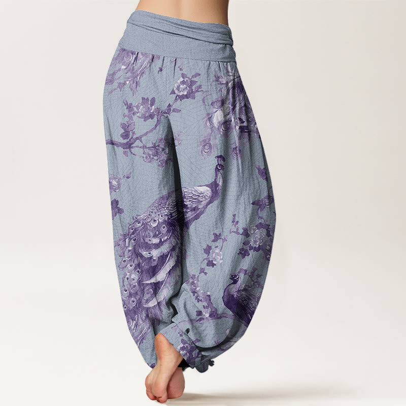 Buddha Stones Casual Peacock Perched On Branch Petals Women's Elastic Waist Harem Pants