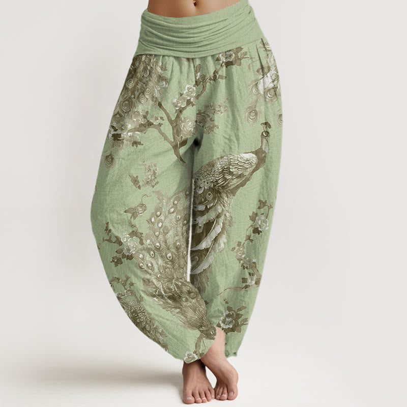 Buddha Stones Casual Peacock Perched On Branch Petals Women's Elastic Waist Harem Pants