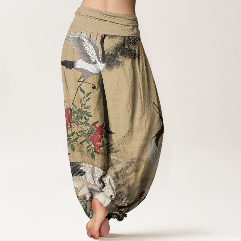 Buddha Stones Casual Red-crowned Crane Pine Tree Mountain Women's Elastic Waist Harem Pants - image 3