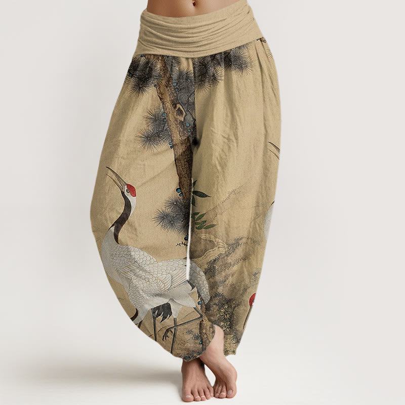Buddha Stones Casual Red-crowned Crane Pine Tree Mountain Women's Elastic Waist Harem Pants - Wheat - US22，UK/AU26，EU54 (6XL) - image 1