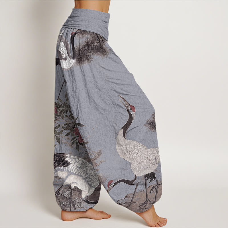 Buddha Stones Casual Red-crowned Crane Pine Tree Mountain Women's Elastic Waist Harem Pants - image 9