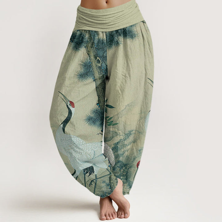 Buddha Stones Cotton Casual Red-crowned Crane Pine Tree Mountain Women's Elastic Waist Harem Pants - DarkSeaGreen - US22，UK/AU26，EU54 (6XL) - image 4
