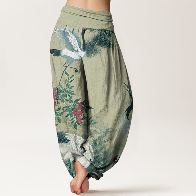 Buddha Stones Casual Red-crowned Crane Pine Tree Mountain Women's Elastic Waist Harem Pants