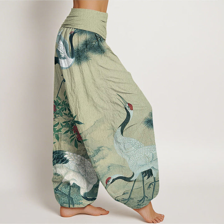 Buddha Stones Casual Red-crowned Crane Pine Tree Mountain Women's Elastic Waist Harem Pants - image 5