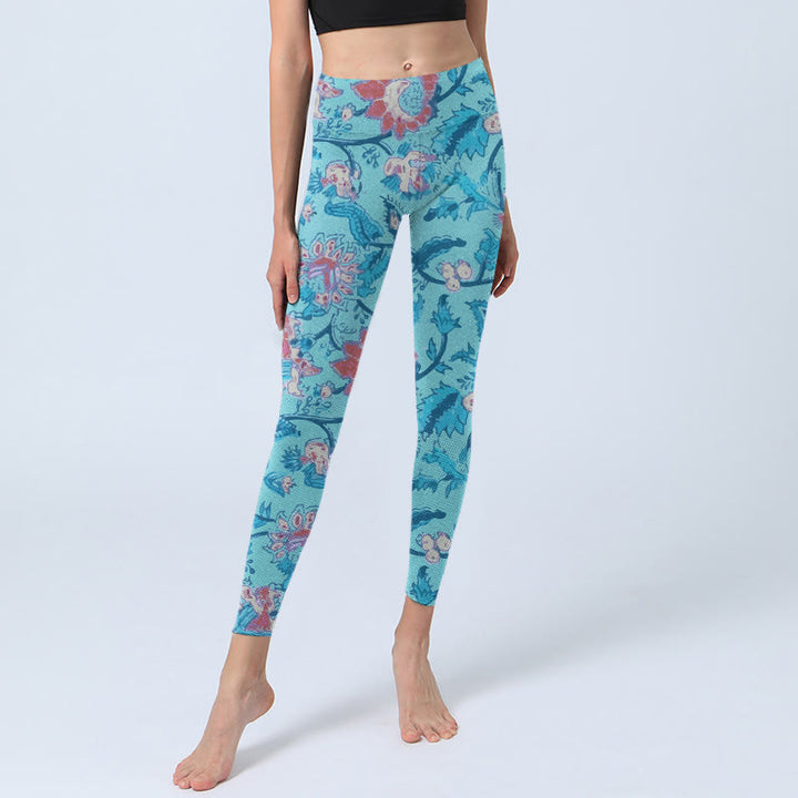 Buddha Stones Blue Red Flowers Leaves Print Gym Leggings Women's Yoga Pants