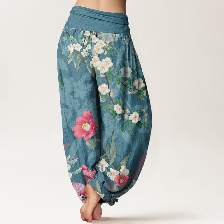 Buddha Stones Vibrant Blooming Lotus Flower Lush Branches Women's Elastic Waist Harem Pants