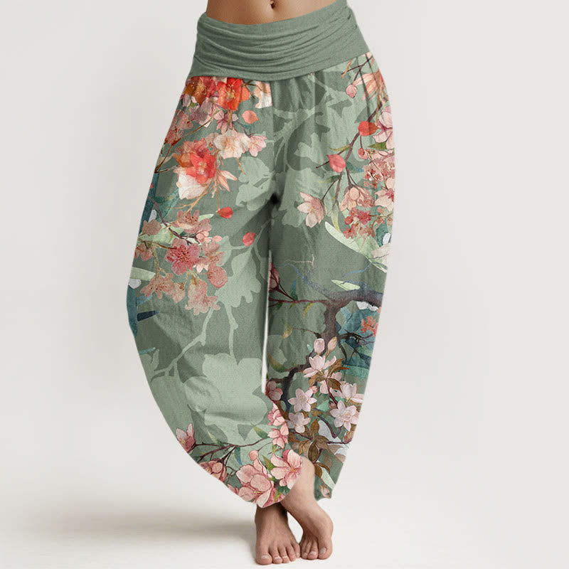 Buddha Stones Cotton Red Pink Blooming Flowers Lush Branches Women's Elastic Waist Harem Pants - DarkSeaGreen - US22，UK/AU26，EU54 (6XL) - image 0