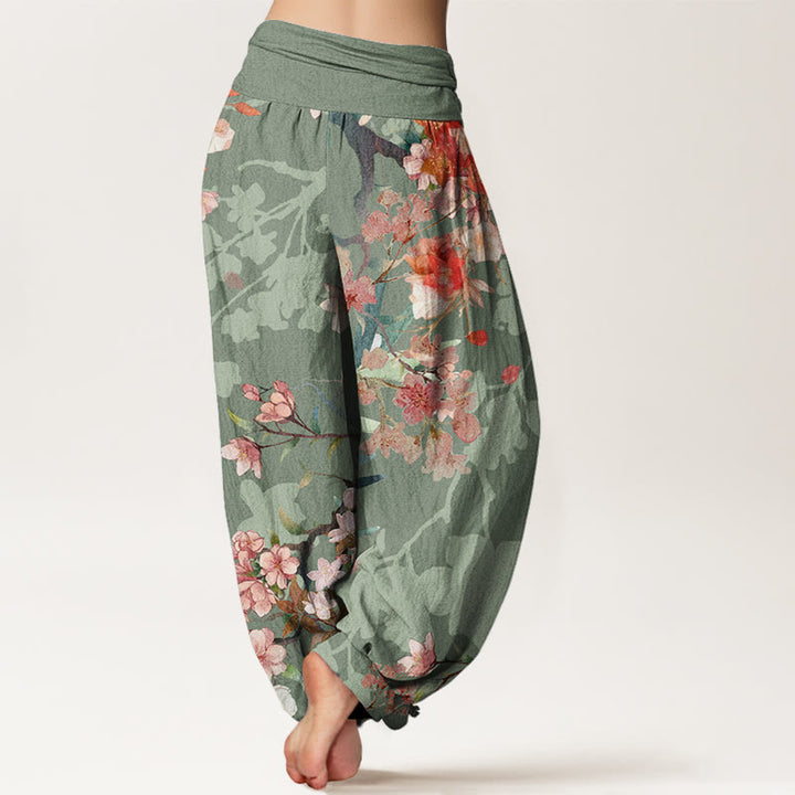 Buddha Stones Cotton Red Pink Blooming Flowers Lush Branches Women's Elastic Waist Harem Pants - image 2