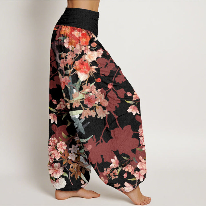 Buddha Stones Cotton Red Pink Blooming Flowers Lush Branches Women's Elastic Waist Harem Pants - image 5