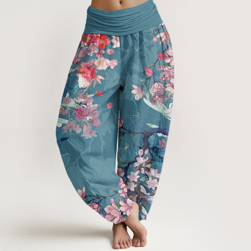 Buddha Stones Cotton Red Pink Blooming Flowers Lush Branches Women's Elastic Waist Harem Pants - DarkCyan - US22，UK/AU26，EU54 (6XL) - image 7