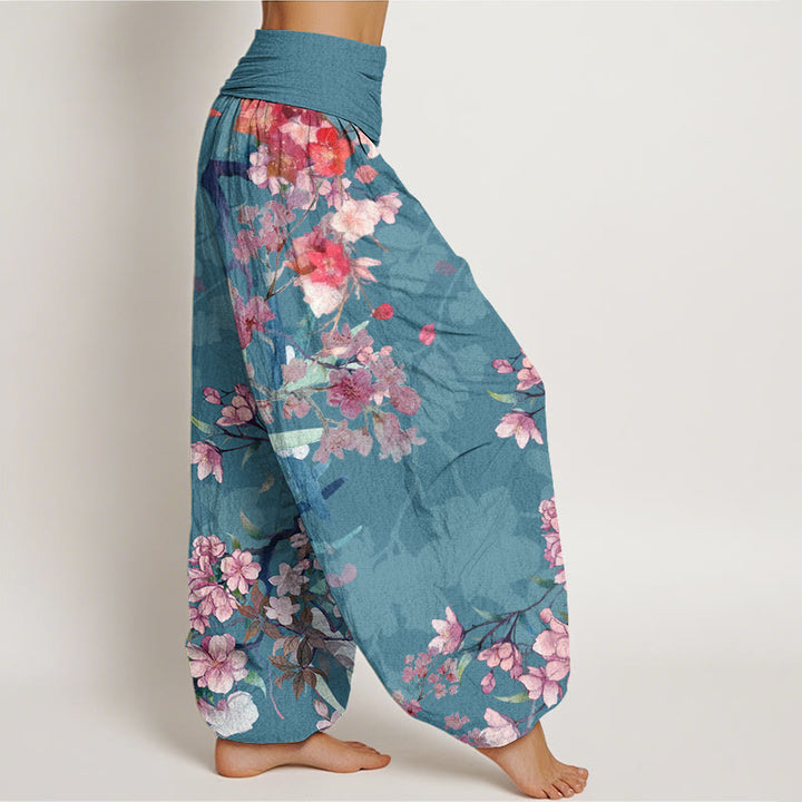 Buddha Stones Cotton Red Pink Blooming Flowers Lush Branches Women's Elastic Waist Harem Pants - image 8