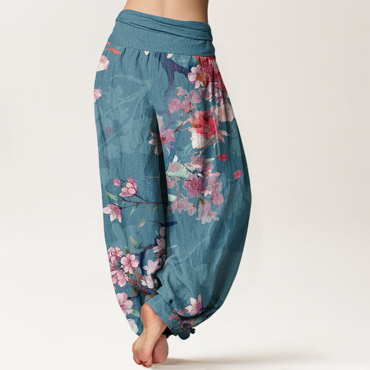 Buddha Stones Red Pink Blooming Flowers Lush Branches Women's Elastic Waist Harem Pants