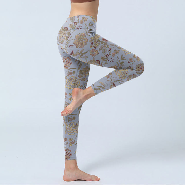 Buddha Stones Grey Green Leaves Flowers Print Gym Leggings Women's Yoga Pants - image 3
