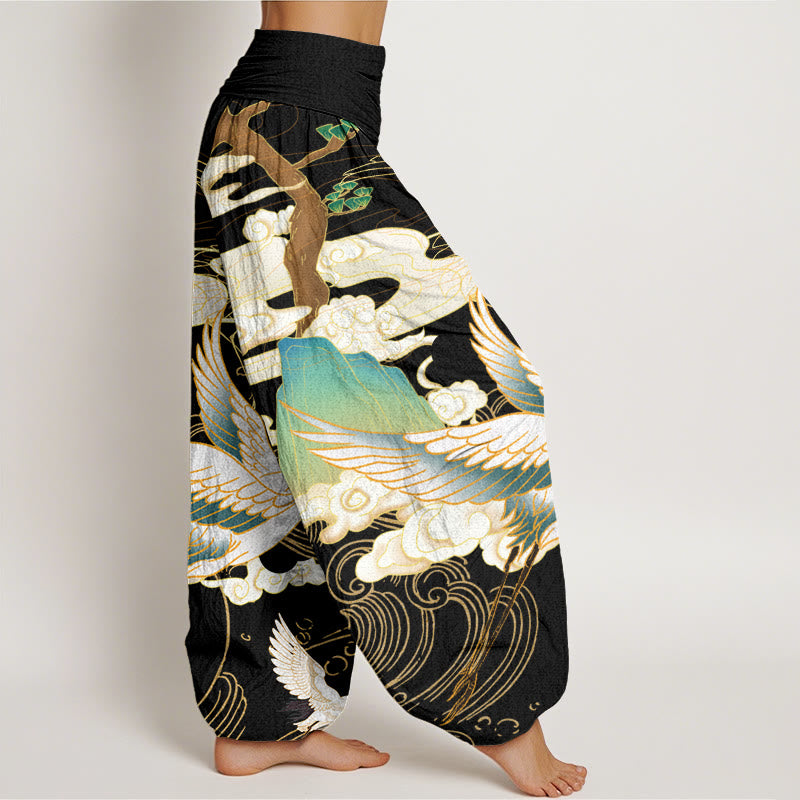 Buddha Stones Flying Cranes Auspicious Clouds Tree women's Elastic Waist Harem Pants