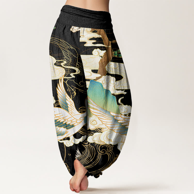 Buddha Stones Cotton Flying Cranes Auspicious Clouds Tree women's Elastic Waist Harem Pants - image 2
