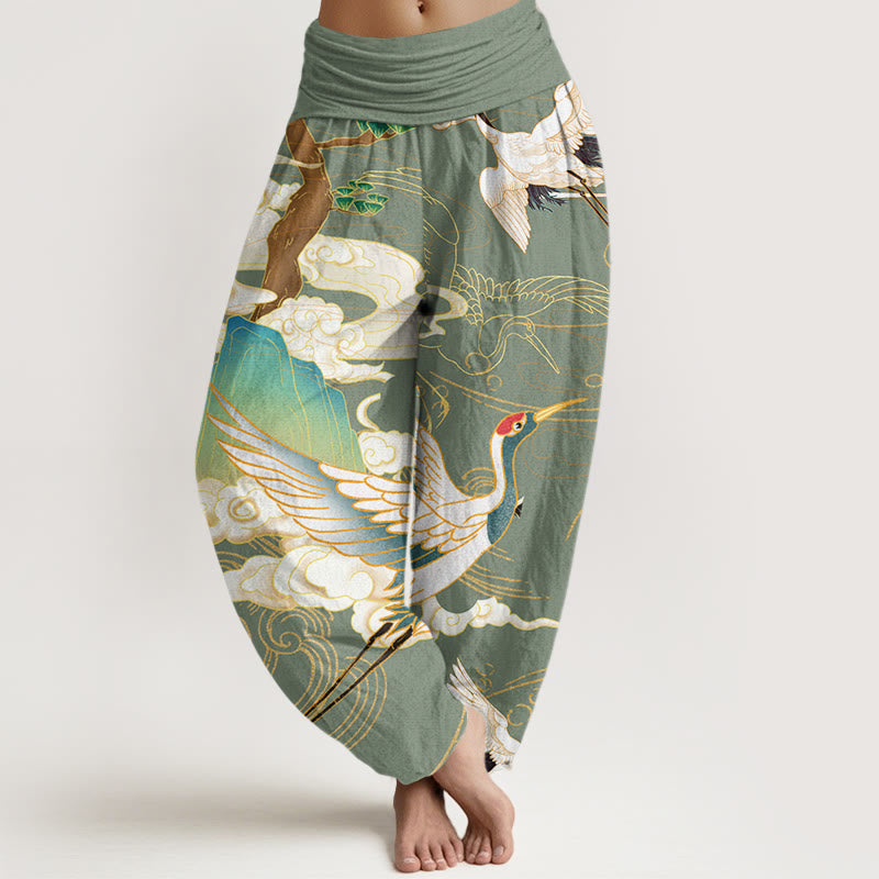 Buddha Stones Flying Cranes Auspicious Clouds Tree women's Elastic Waist Harem Pants