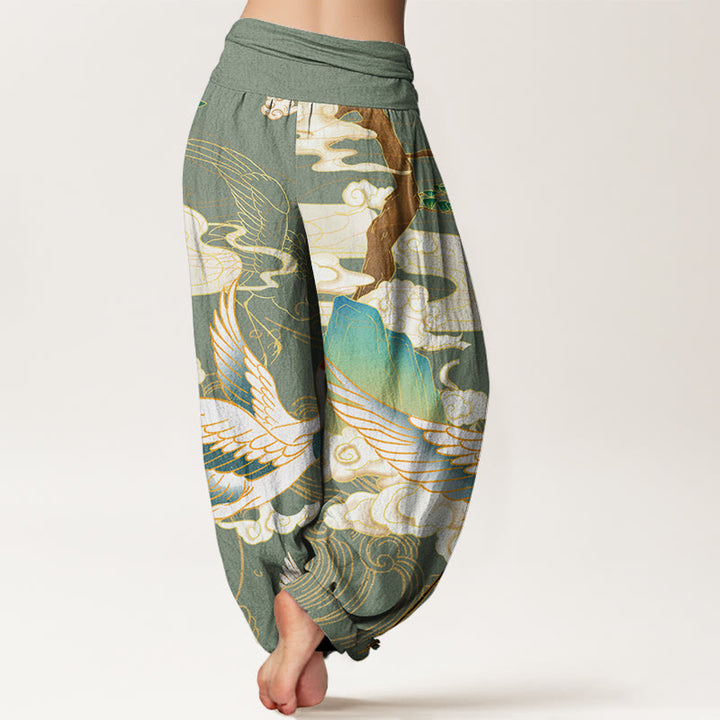 Buddha Stones Flying Cranes Auspicious Clouds Tree women's Elastic Waist Harem Pants