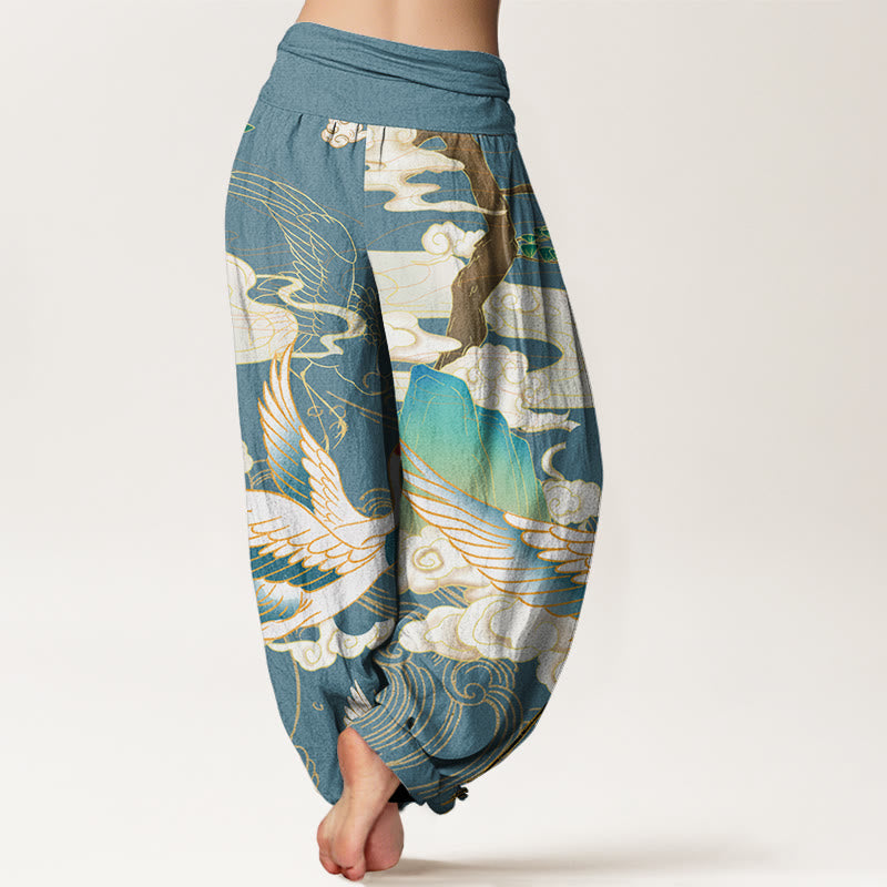 Buddha Stones Flying Cranes Auspicious Clouds Tree women's Elastic Waist Harem Pants