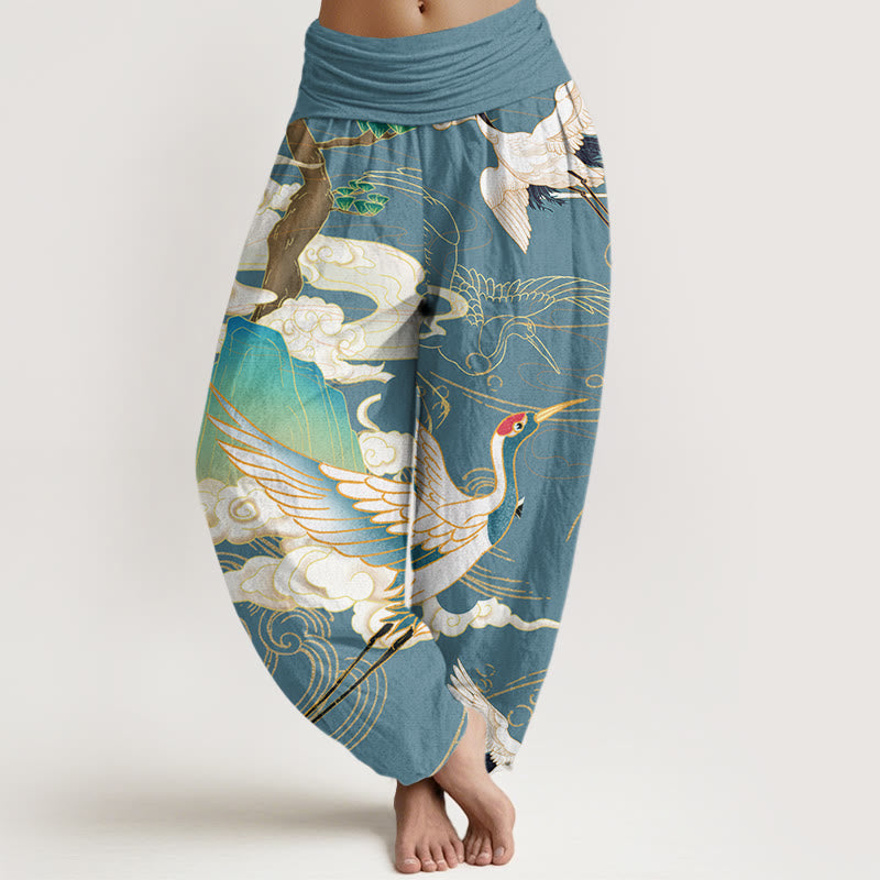 Buddha Stones Cotton Flying Cranes Auspicious Clouds Tree women's Elastic Waist Harem Pants - CadetBlue - US22，UK/AU26，EU54 (6XL) - image 7