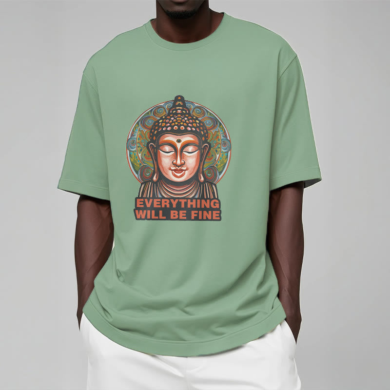 Buddha Stones EVERYTHING WILL BE FINE Buddha Pattern Cotton Tee T-shirt