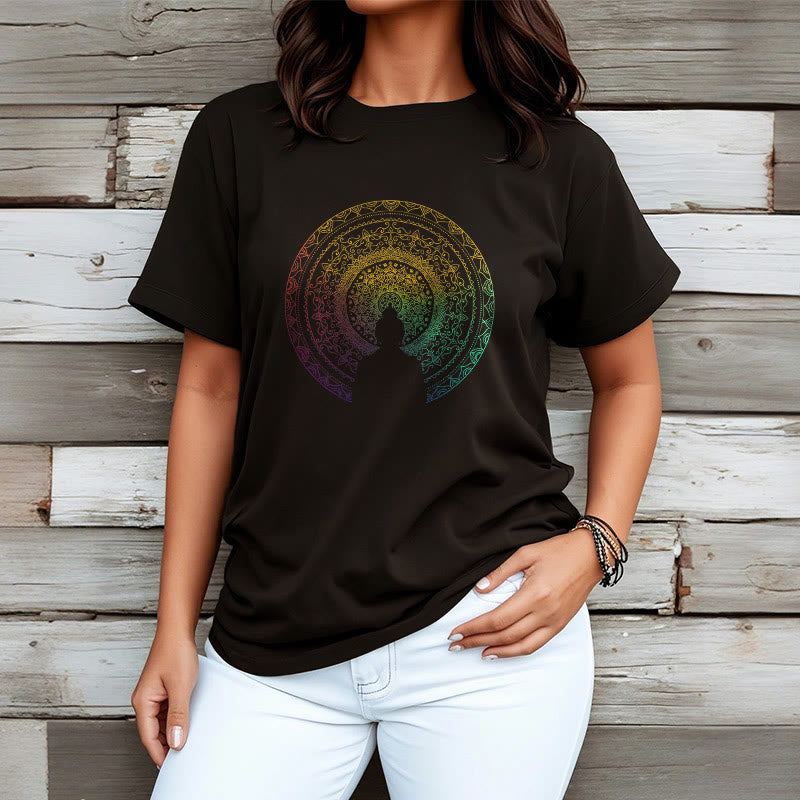 Buddha Stones Colorful Gradient Mandala Buddha Cotton Tee T-shirt