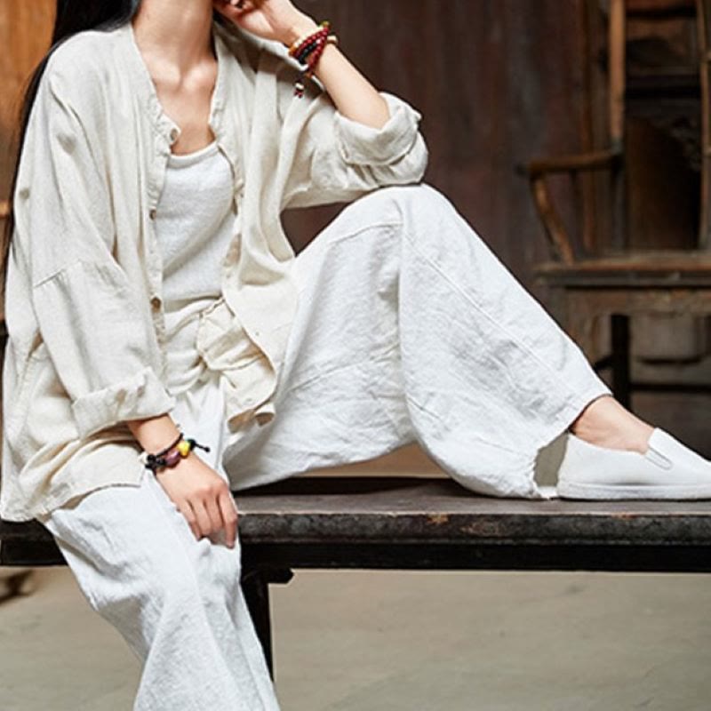 Buddha Stones Casual Plain Color Elastic Waistband Fleece Lined Cotton Ramie Women's Pants With Pockets - image 25