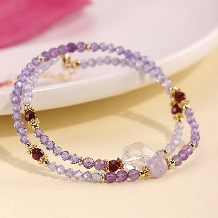 Buddha Stones 3.2mm Amethyst Green Rutilated Quartz Pink Tourmaline White Crystal Spiritual Awareness Double Wrap Bracelet