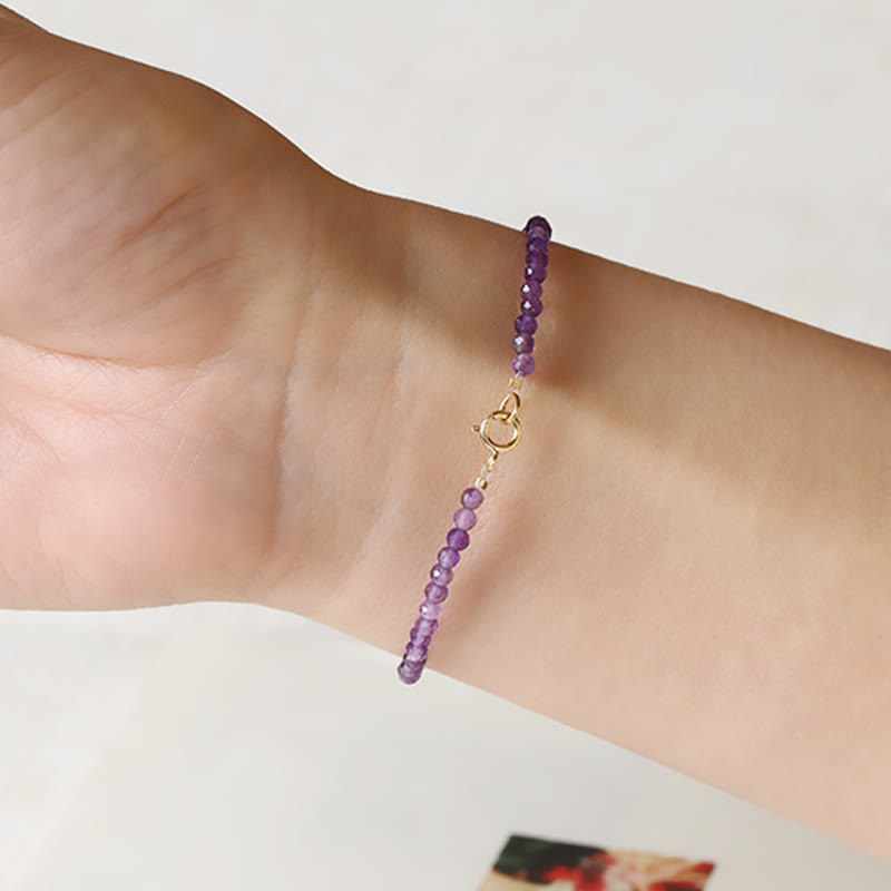 Buddha Stones 3mm Natural Amethyst Ultra-thin Beads 14k Gold Plated Copper Spiritual Awareness Bracelet