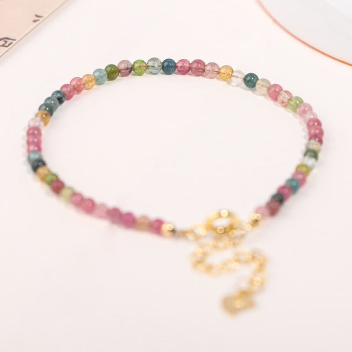 Buddha Stones 2mm Multicolor Tourmaline Ultra-thin Beads 14k Gold Plated Copper Wisdom Bracelet