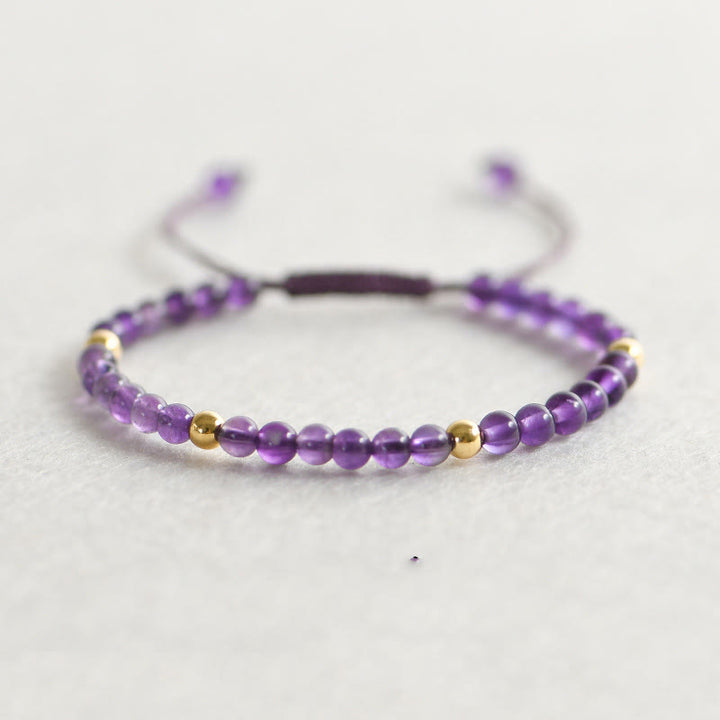 Buddha Stones 4mm Handmade Natural Amethyst 14k Gold Plated Copper Beads Braided String Relieves Stress Bracelet