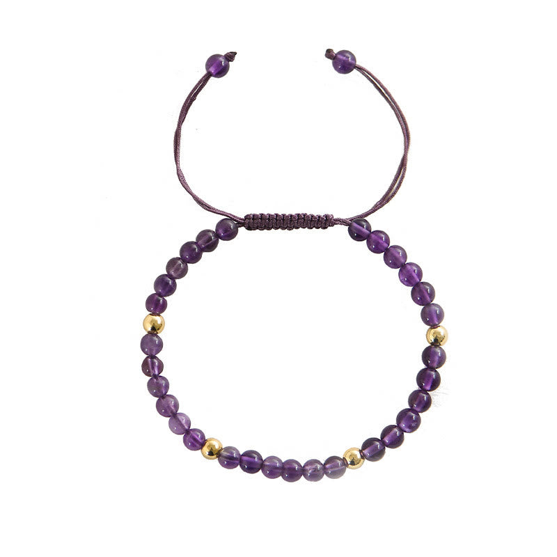 Buddha Stones 4mm Handmade Natural Amethyst 14k Gold Plated Copper Beads Braided String Relieves Stress Bracelet