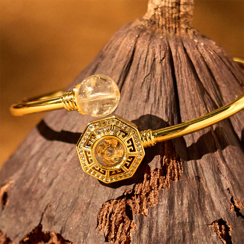 Buddha Stones Rutilated Quartz Copper Brass Rotatable Windmill Feng Sheng Shui Qi Courage Bracelet Bangle