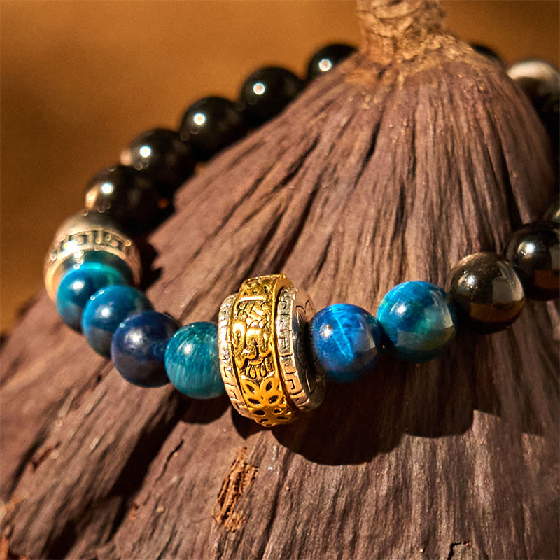 Buddha Stones Silver Sheen Obsidian Blue Tiger Eye Protection Bracelet