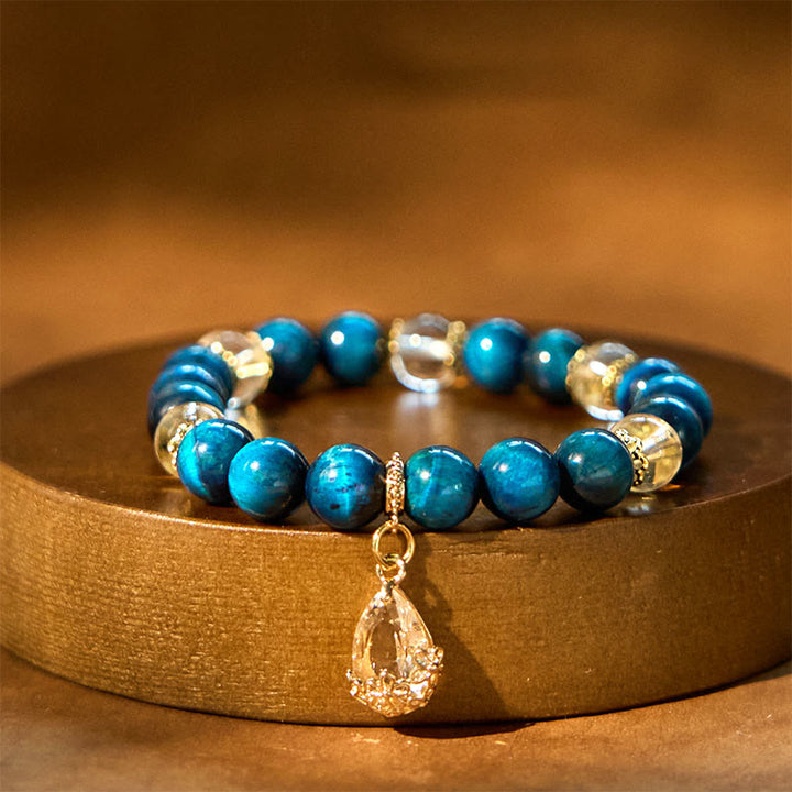 Buddha Stones Blue Tiger Eye White Crystal Water Drop Strength Bracelet