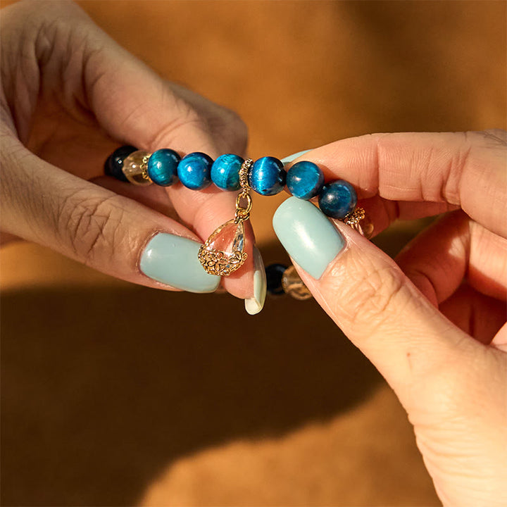 Buddha Stones Blue Tiger Eye White Crystal Water Drop Strength Bracelet