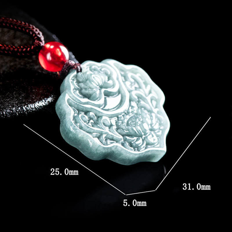 Buddha Stones Lotus Pattern Carved Jade Abundance Prosperity Necklace Rope Pendant