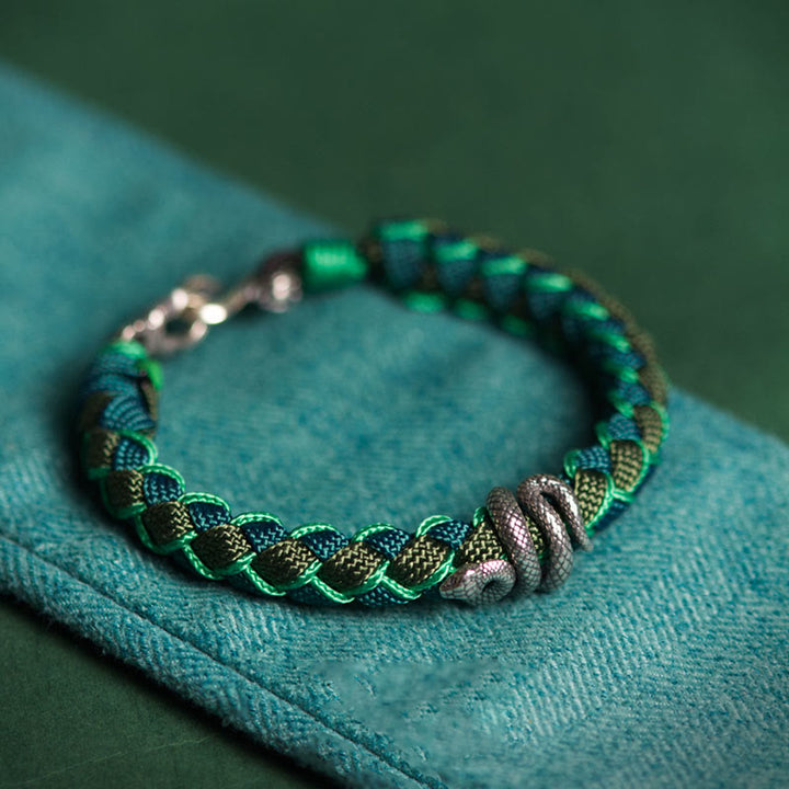 Buddha Stones Year of the Snake 999 Sterling Silver String Protection Braided Bracelet - Green&Black Rope - 21cm - image 0