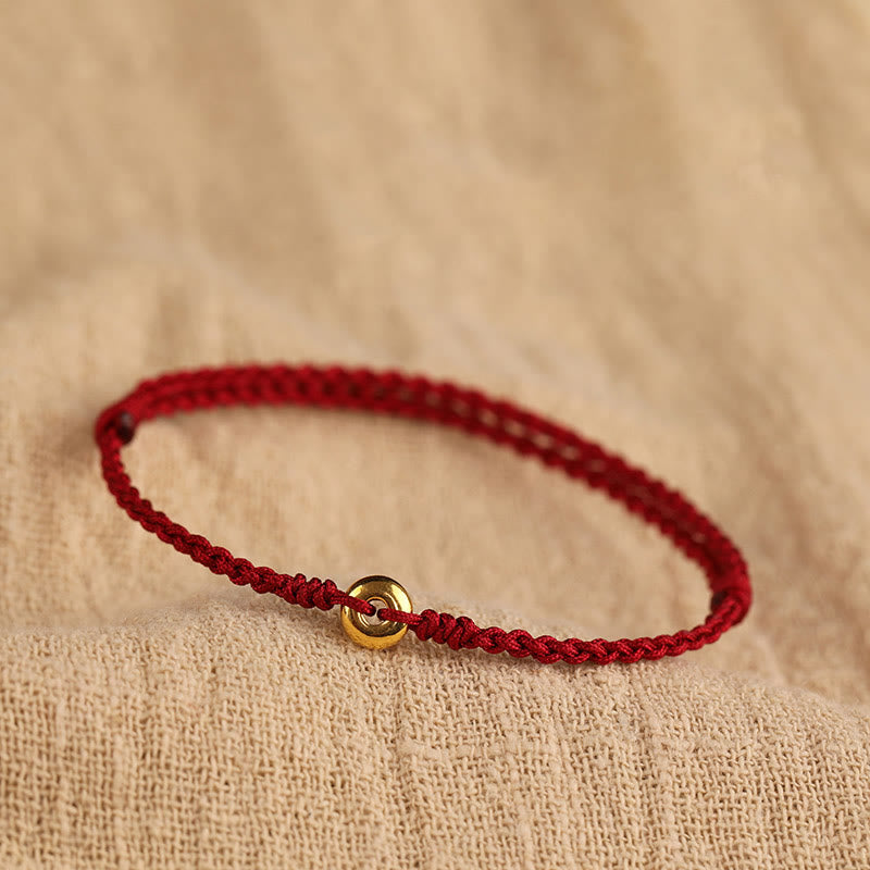 Buddha Stones 999 Gold Small Peace Buckle Red String Protection Luck Braided Bracelet Anklet - 999 Gold Bracelet(Wrist Circumference 14-18cm) - image 0