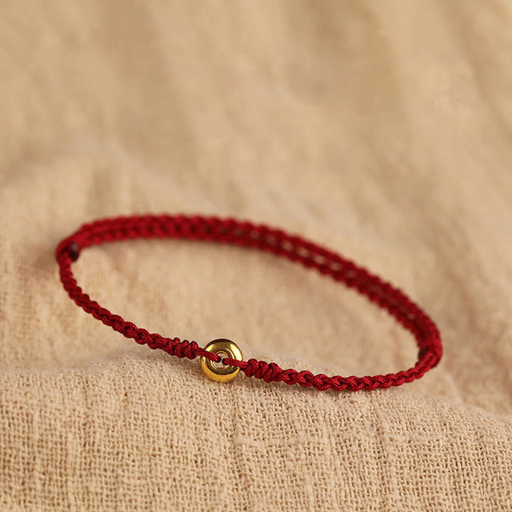 Buddha Stones 999 Gold Small Peace Buckle Red String Protection Luck Braided Bracelet Anklet - 999 Gold Bracelet(Wrist Circumference 14-18cm) - image 0